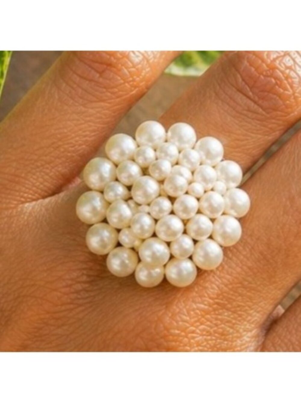 Chunky Pearl Cluster Ring With Adjustable Woven Band Boho Statement Jewelry